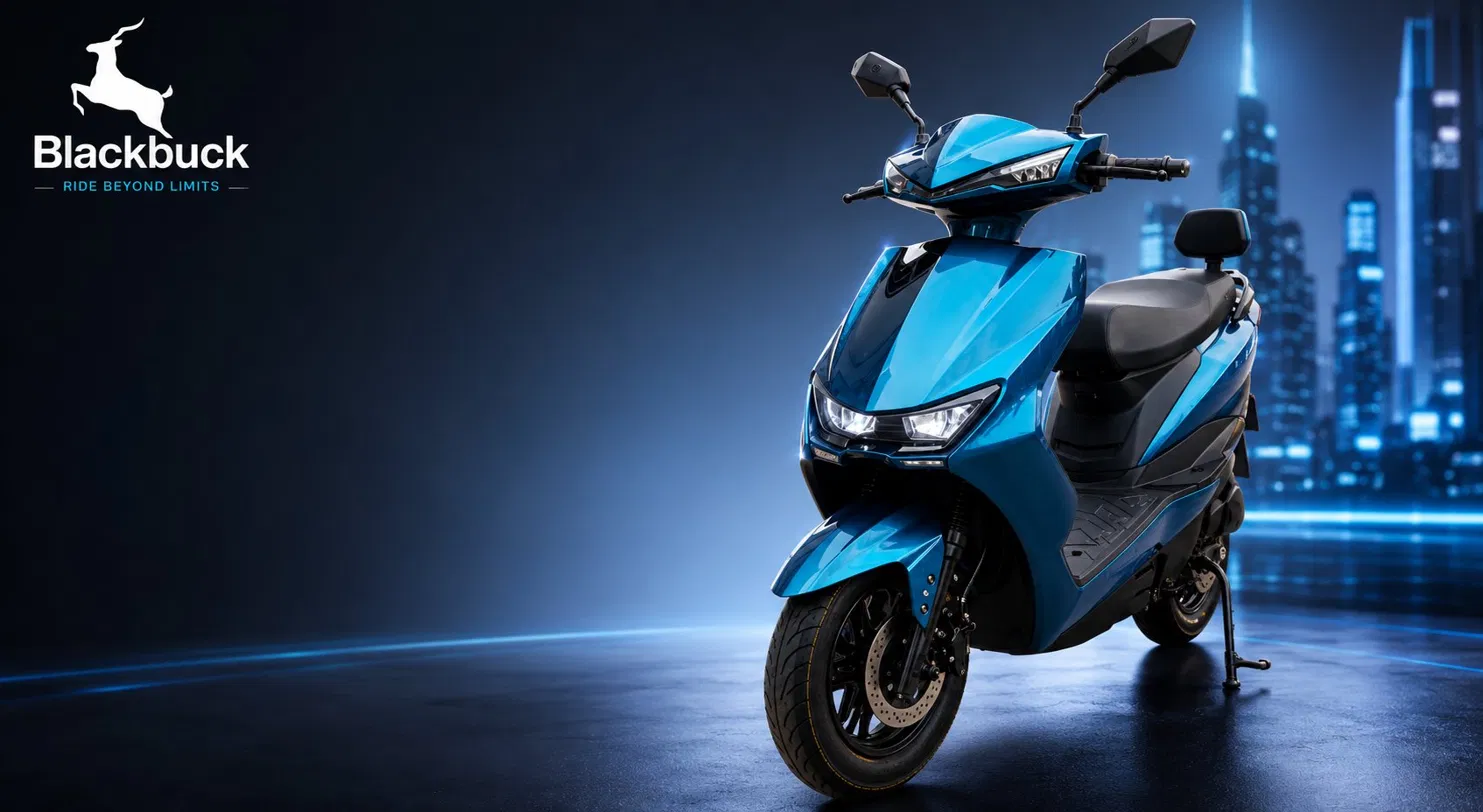 Blackbuck electric scooter in metallic blue, hero shot